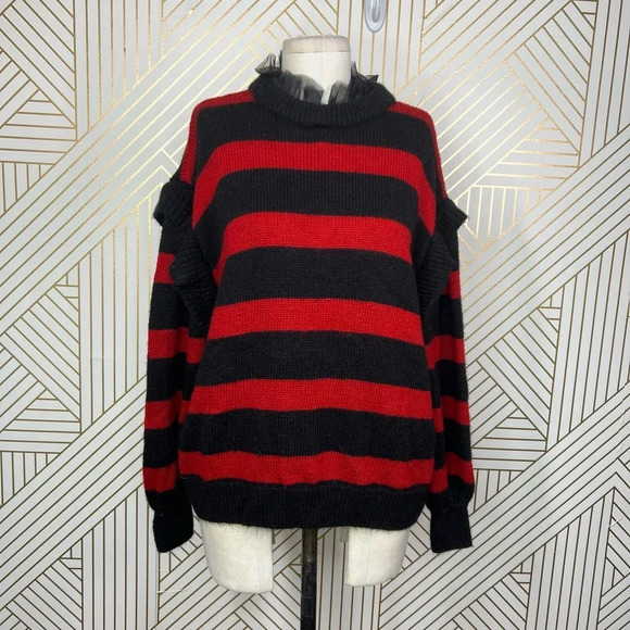 Zara Striped Sweater with Tulle Neck Red Black‎ Size Medium - Picture 2 of 12